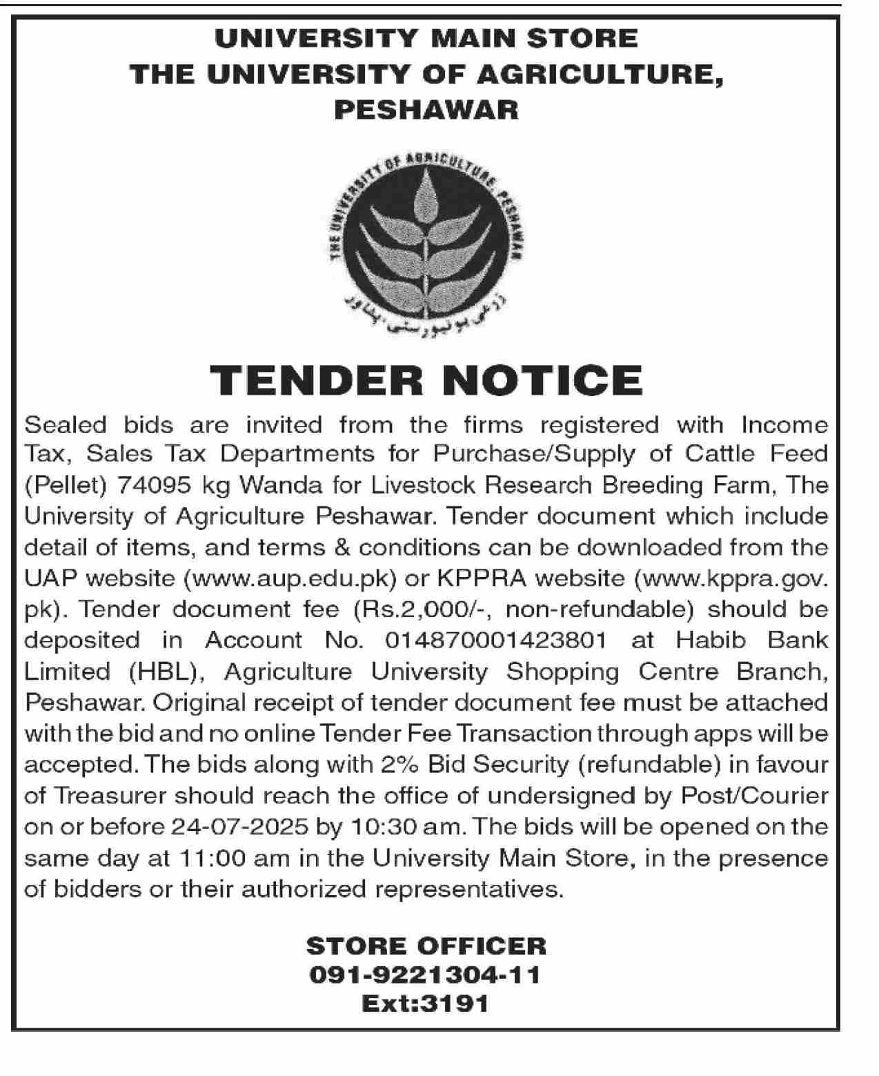 University of Agriculture Peshawar Tender Notice